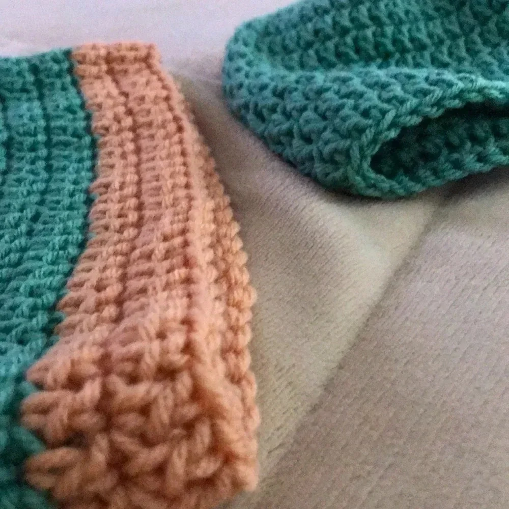 Pair of Handmade‎ Knit Kids Winter Hats Pompom Coral and Teal Color Block
